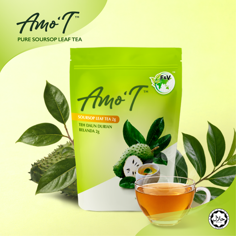 A package of Amo'T Pure Soursop Leaf Tea in a bright green stand-up pouch, shown with a glass cup of brewed tea and soursop leaves on a pale yellow-green background. The Amo'T brand logo is visible at the top left, and the pouch features illustrations of a soursop fruit and leaves.